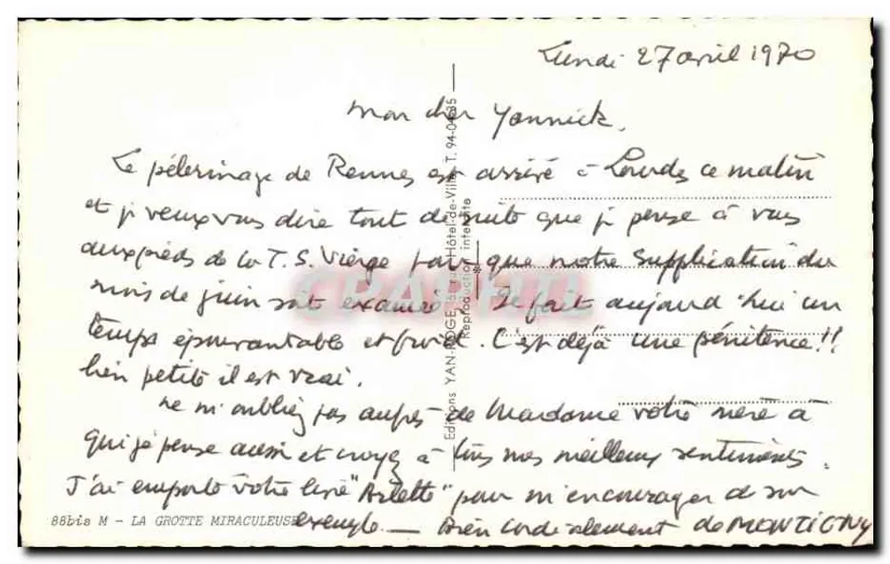 Bénie-Höhle — Pilgerreise zur Jungfrau — Verlag Yan, Nr. 88bis M - Rückseite