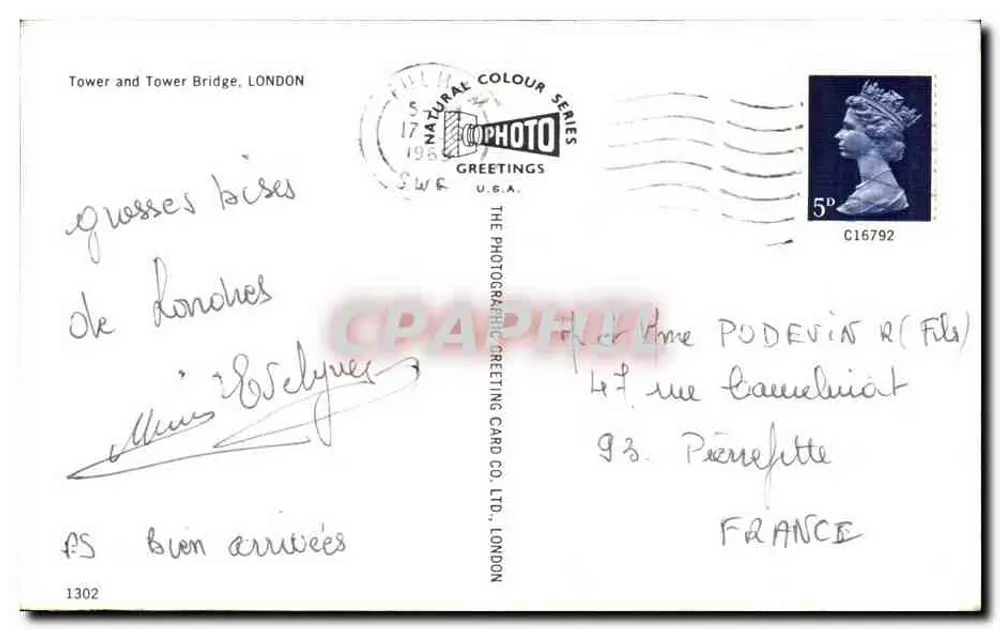 A Torre de Londres e o Tower Bridge — editor The Photographic Greeting Card Co. Ltd. n°1302 - Verso