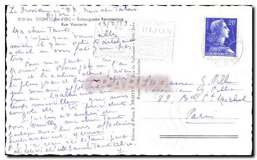 Fachada de um prédio histórico em Dijon — balcão esculturado — Edição E. PROTET - Verso