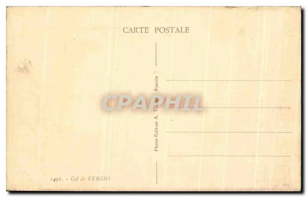 Col de Vergio — visão da estrada e do paisagem — Edição A. Tornasi, n° 1491 - Verso