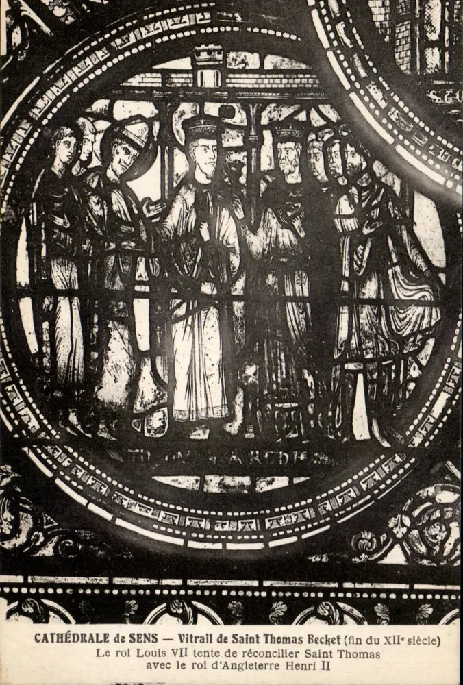 KATHEDRALE VON SENS — Glasfenster von Saint Thomas Becket (Ende des 12. Jahrhunderts) — König Ludwig VII versucht, Saint Thomas mit dem englischen König Heinrich II zu versöhnen - Vorderseite