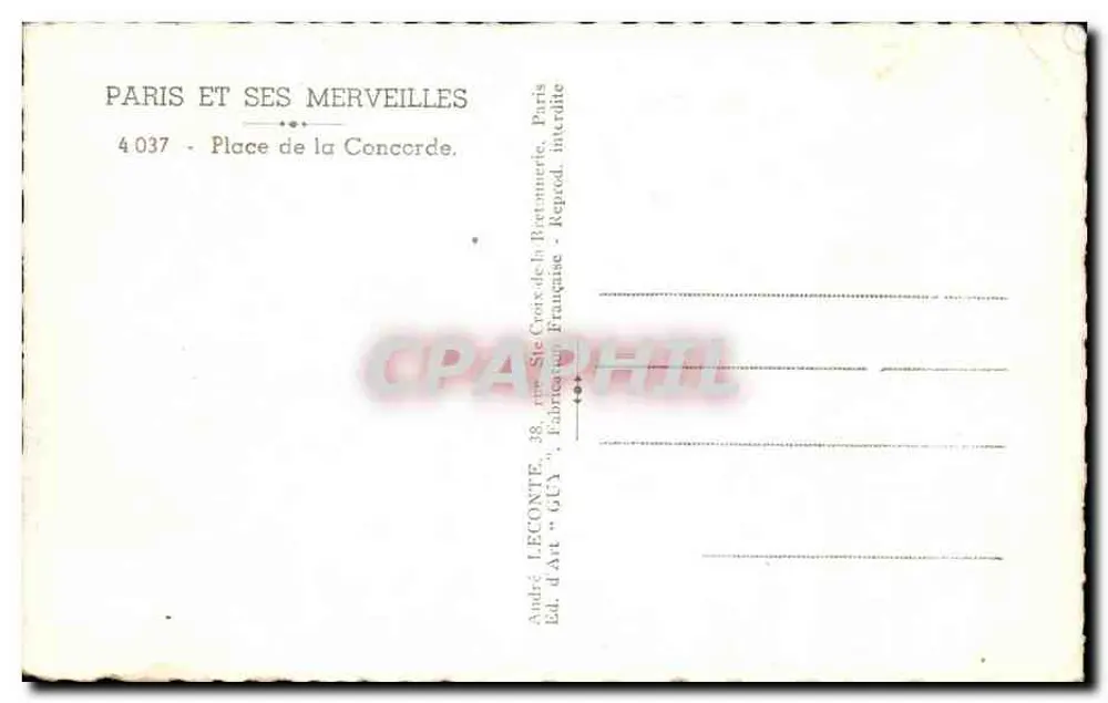 Place de la Concorde — Paris — editor GUY, n° 4037 - Verso