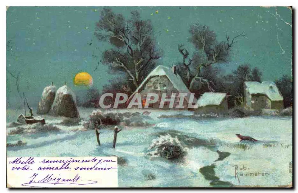Paysage hivernal — village enneigé avec grange et silhouettes d'arbres — éditeur Rob. Rämmerer, n° 21284 - Vorderseite