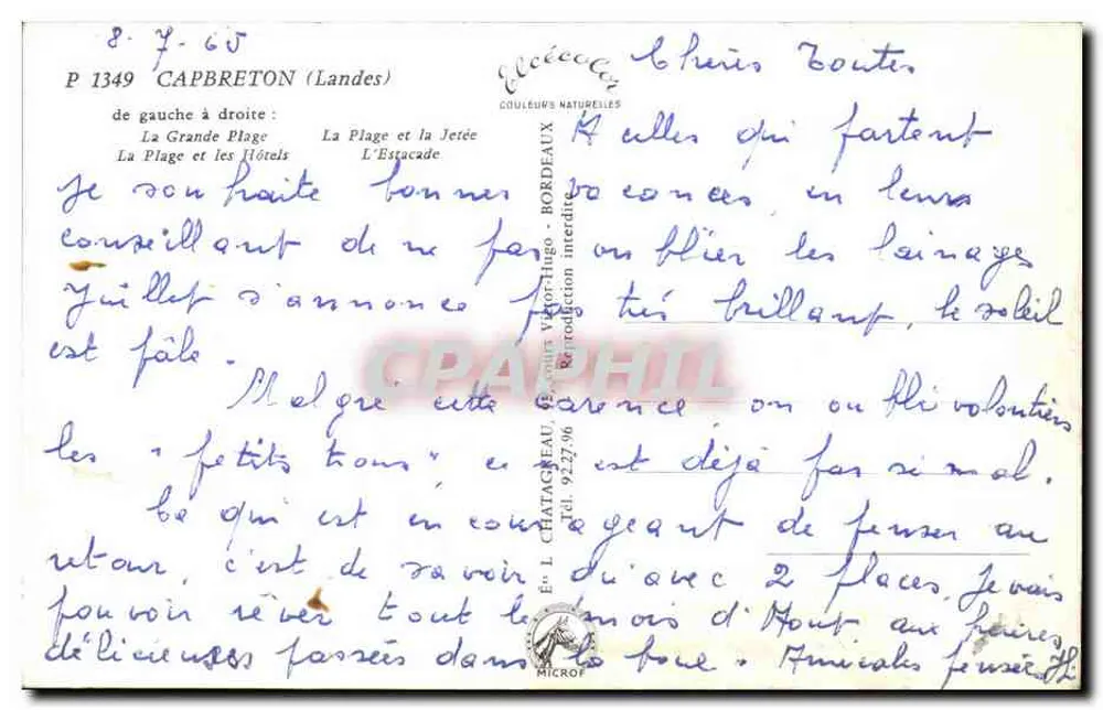 Capbreton — Strand, Hotels und Hafen — Verlag L. Chatagrau, Nr. P 1349 - Rückseite