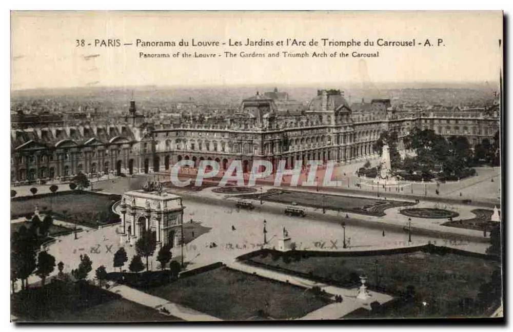 PARIS — Panorama des Louvre — Les Jardins und der Arc de Triomphe du Carrousel — A. P. - Vorderseite