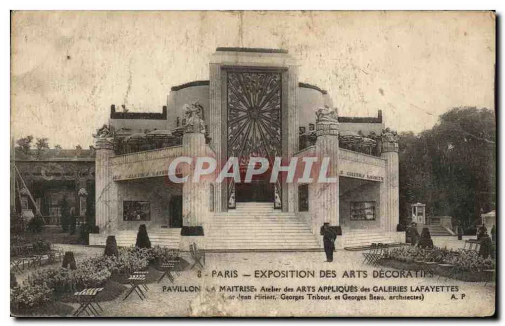 Pavillon La Maîtrise — Ausstellung der dekorativen Künste — Paris — Atelier der angewandten Künste — Galeries Lafayette — Architekten Jean Hiriart, Georges Tribout und Georges Beau - Vorderseite