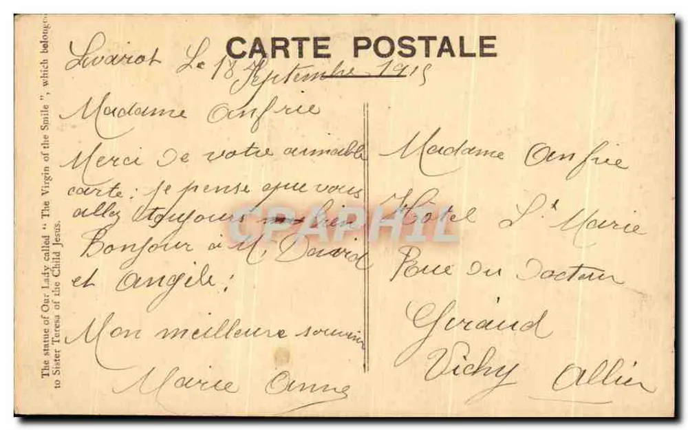 Die Jungfrau Thérèse des Kindes Jesu, genannt « Jungfrau des Lächelns » — Foto von G. Le Maitre, Druckerei St-Paul, Bar-le-Duc - Rückseite