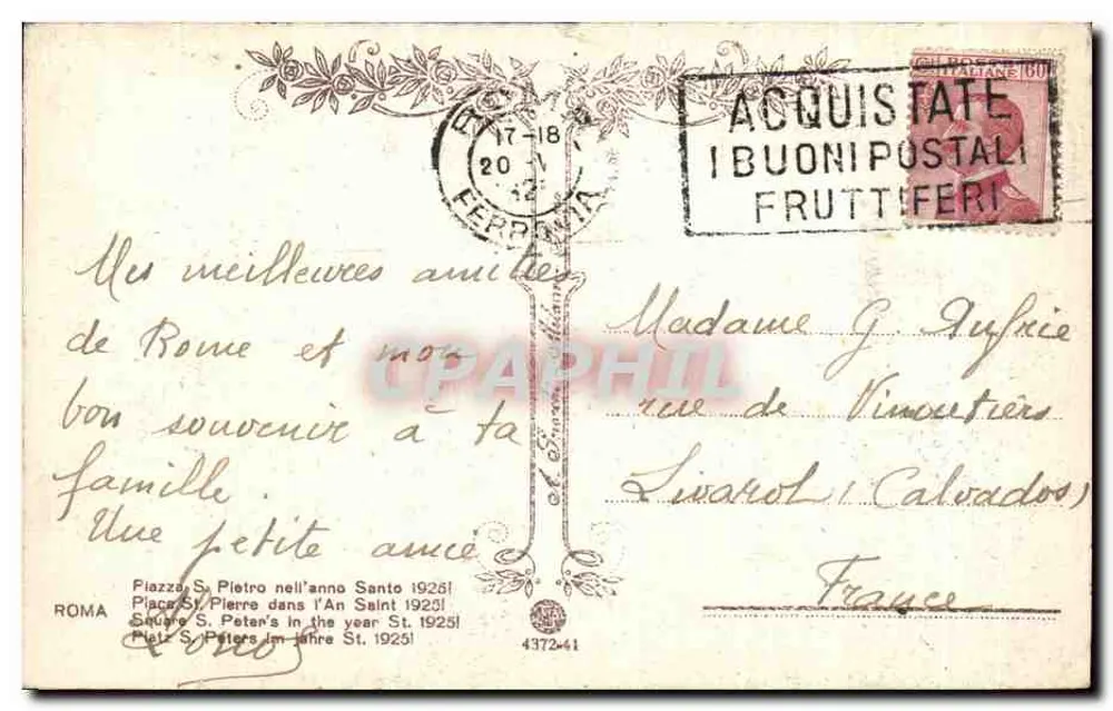 Place Saint-Pierre — Anno Santo 1925 — editore I Buoni Postali Fruttiferi - Verso