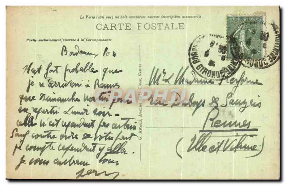 Bordeaux — Quai Louis XVIII — éditeur imprimeur non identifié, n° 225 - Verso