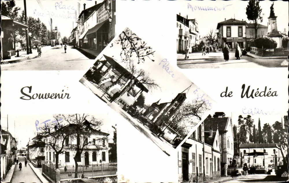 Place de Médéa — Souvenir de Médéa — Edições PHOTOPHIL, Argélia - Frente