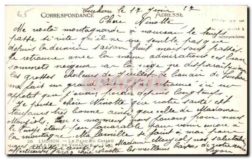 Luchon — Ansicht des Casino-Parks und des Hafens von Vénasque — Correspondence - Rückseite
