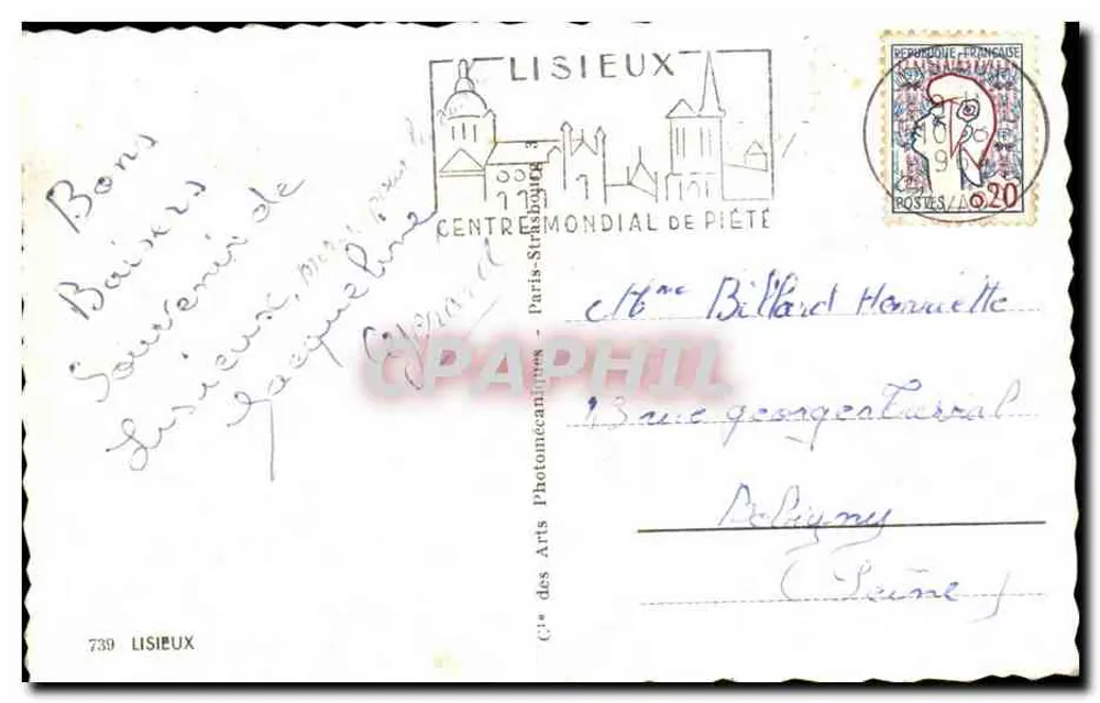 Lisieux — Centro Mundial de Pietade — editor Cie des Arts Photomécaniques, n°739 - Verso