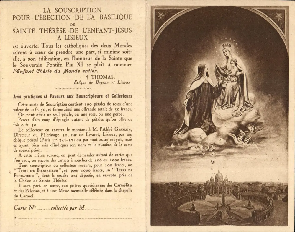 Santa Teresinha da Criança-Jesus em Lisieux — Subscrição para a construção da basílica — Direção do Pelerinagem, Paris - Frente