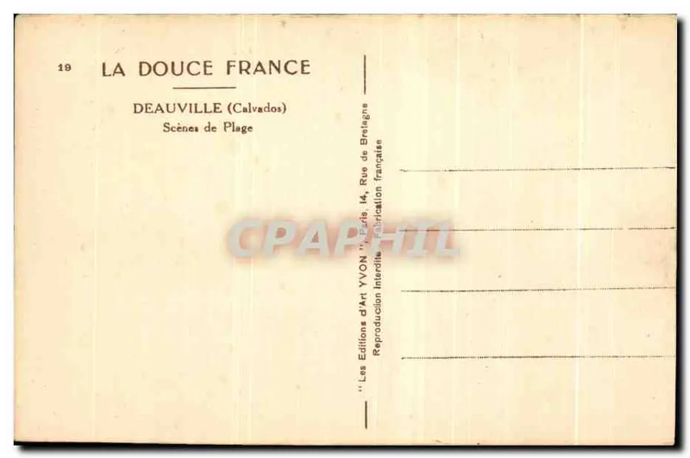 Deauville (Calvados) — Strand-Szene mit Liegestühlen und gestreiften Sonnenschirmen — Verlag: Les Éditions d'Art YVON, Paris - Rückseite