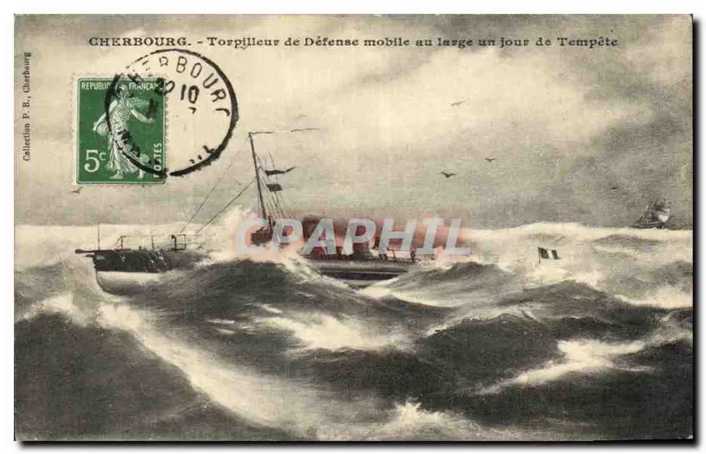 Cherbourg — Mobiles Schutz-Torpedoboot auf offener See an einem stürmischen Tag — P. B., Cherbourg - Vorderseite