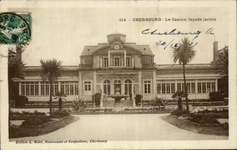Cherbourg - A Fachada do Jardim do Casino — Edição L. Ratti, Novidades e Confecções, Cherbourg, n°114 - Frente