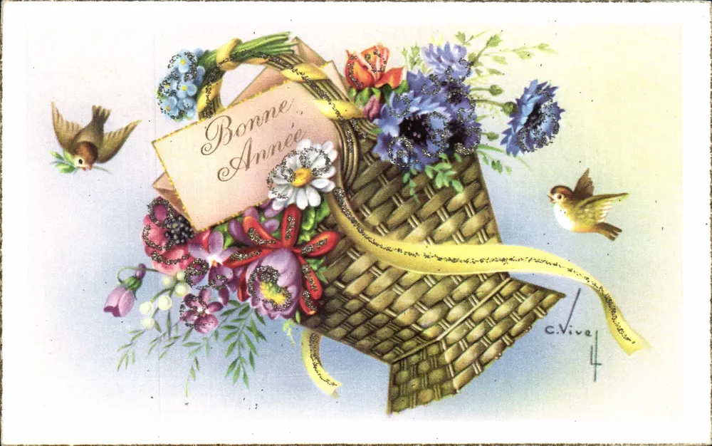 Blumen- und Vogelbouquet — Frohe Neujahr — C. Nival, Nr. 4 - Vorderseite