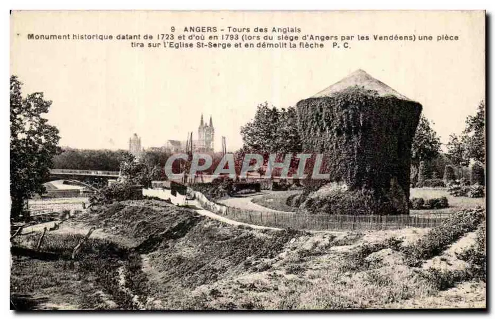 Angers - Tours dos Ingleses — monumento histórico datando de 1723, tira sobre a igreja St-Serge em 1793 durante o cerco pelos Vendeanos — Phototypie J. Poujoulat - Frente