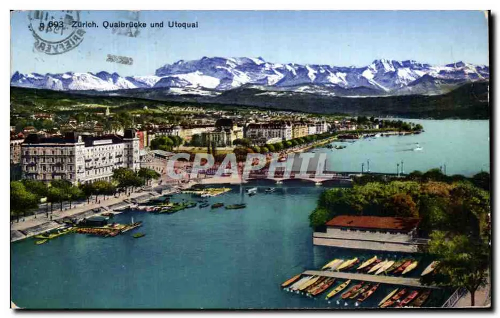 Zurich, Quaibrücke und Utoquai — vista panorâmica com montanhas nevadas — Photoglob-Wehrli & Vouga A.-G., n° 945 - Frente