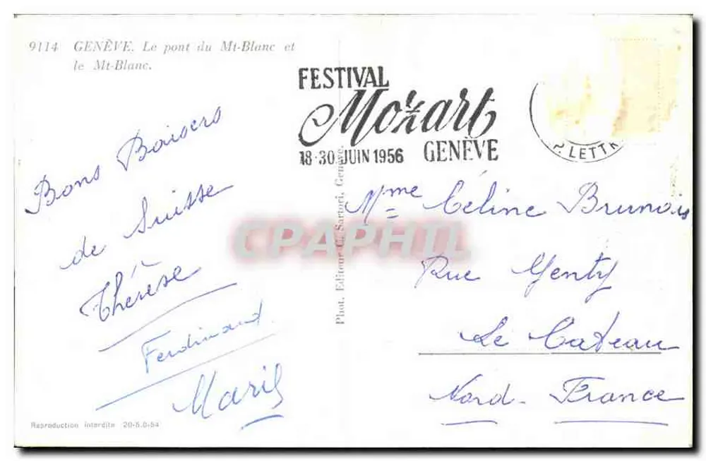 Genf — Brücke des Mont-Blanc und der Mont-Blanc — Fot. Verlag Sarnat, n° 9114 - Rückseite