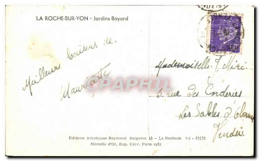 Jardins Bayard — La Roche-sur-Yon — Edições Artísticas Raymond Bergevin - Verso