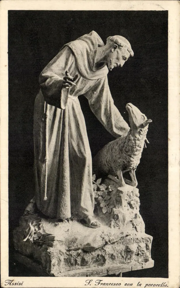 Assisi — Estátua de santo Francisco com a pequena ovelha — editor desconhecido, número de série não visível - Frente