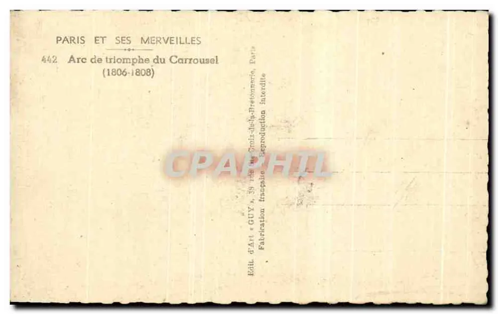 Arco do Triunfo do Carrousel — Paris — Editor Guy, n° 442 - Verso