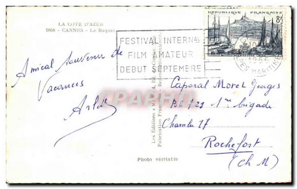 Cannes - Le Suquet — vista do parque com palmeiras e edifício em segundo plano — Les Éditions Françaises, n° 5868 - Verso
