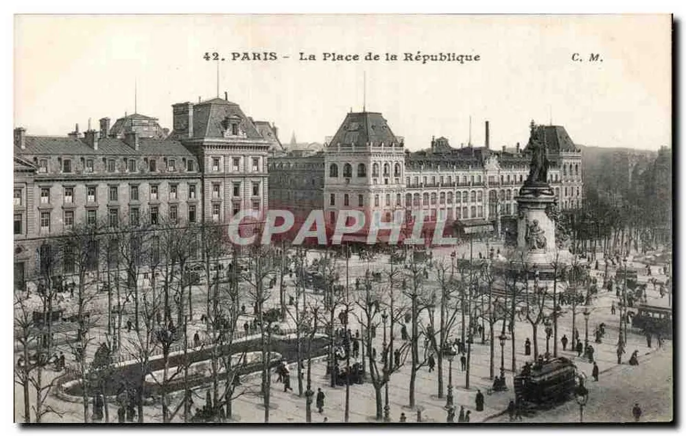 Parijs - De Place de la République — panoramische uitzicht met centraal monument — uitgever C. M., nr. 42 - Voorkant