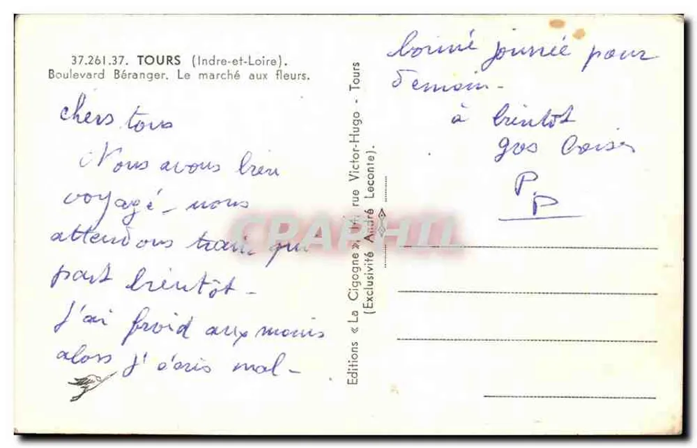 Tours — Boulevard Béranger, mercado de flores — Edições « La Cigogne » - Verso