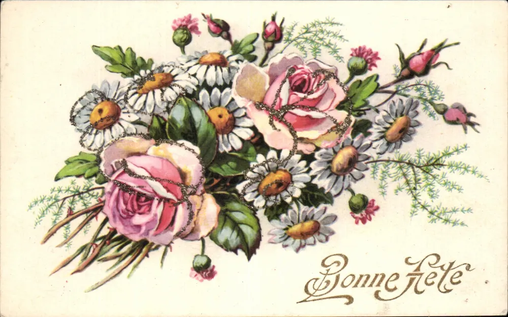 Blumenstrauß aus Rosen und Märschen — Frohe Geburtstagskarte — Paris, 1951 - Vorderseite