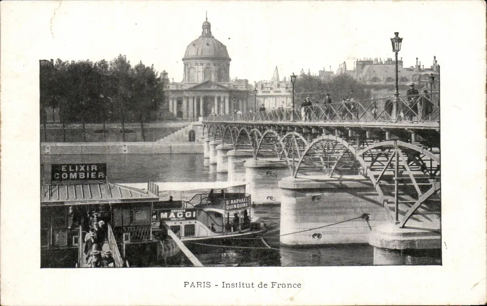 Paris - Institut de France — Ansicht der Brücke und des Ufers mit Werbbooten — Verleger unbekannt - Vorderseite