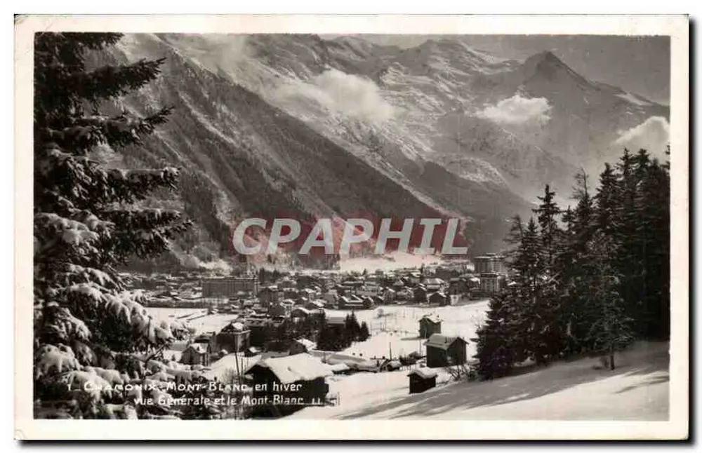 Chamonix-Mont-Blanc im Winter — allgemeiner Blick und der Mont-Blanc — Verlag Real Photo C.A.B. - Vorderseite