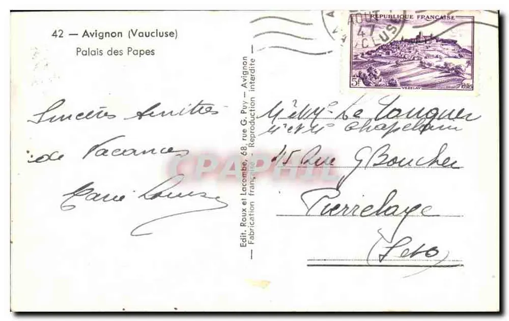 Avignon — Palácio dos Papas — Edição Roux et Lacombe - Verso