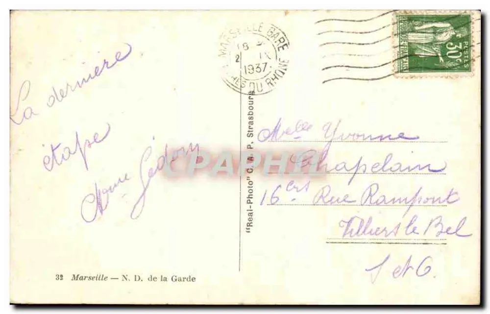 Marseille — Nossa Senhora da Guarda — 'Real-Photo' G.A.P. Strasbourg - Verso