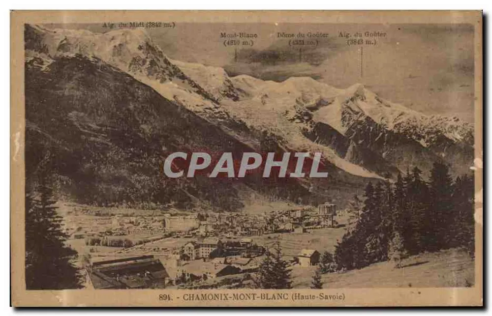 Chamonix-Mont-Blanc — vue panoramique des montagnes avec les aiguilles du Midi, du Goûter et du Mont-Blanc — éditeur L. Fauraz, n° 894 - Frente