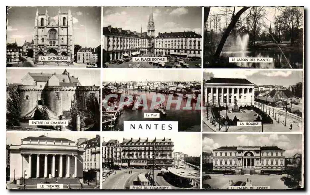NANTES — vue panoramique avec la cathédrale, la place Royale, le jardin des Plantes, le port, le château, la bourse, le théâtre, la place du Commerce et le palais de justice — Éditions Gaby - Frente