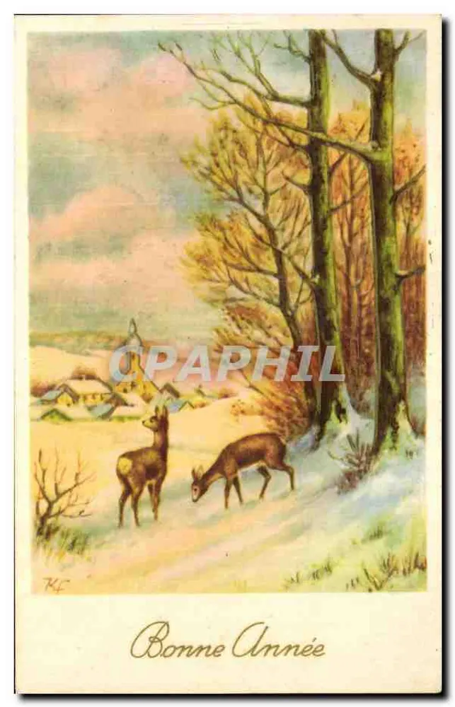 Zwei Hirsche in einer Winterlandschaft — 'Guten Rutsch' — Verlag JC, Seriennummer nicht sichtbar - Vorderseite