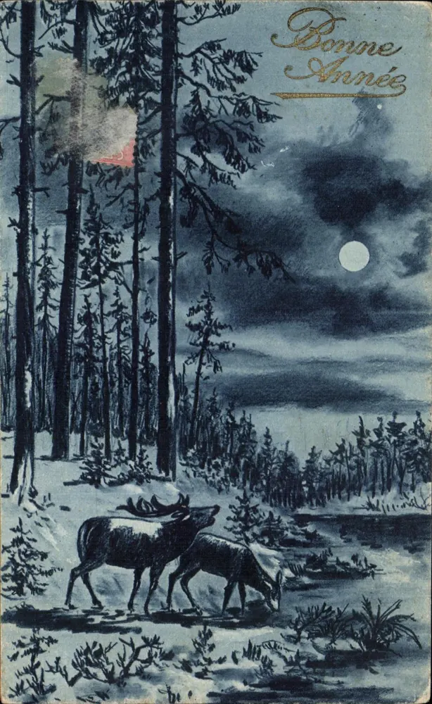 Zwei Elche in einem schneeverdeckten Wald — Frohes Neues Jahr — L'ARENILE, Paris, Serie 11 - Vorderseite