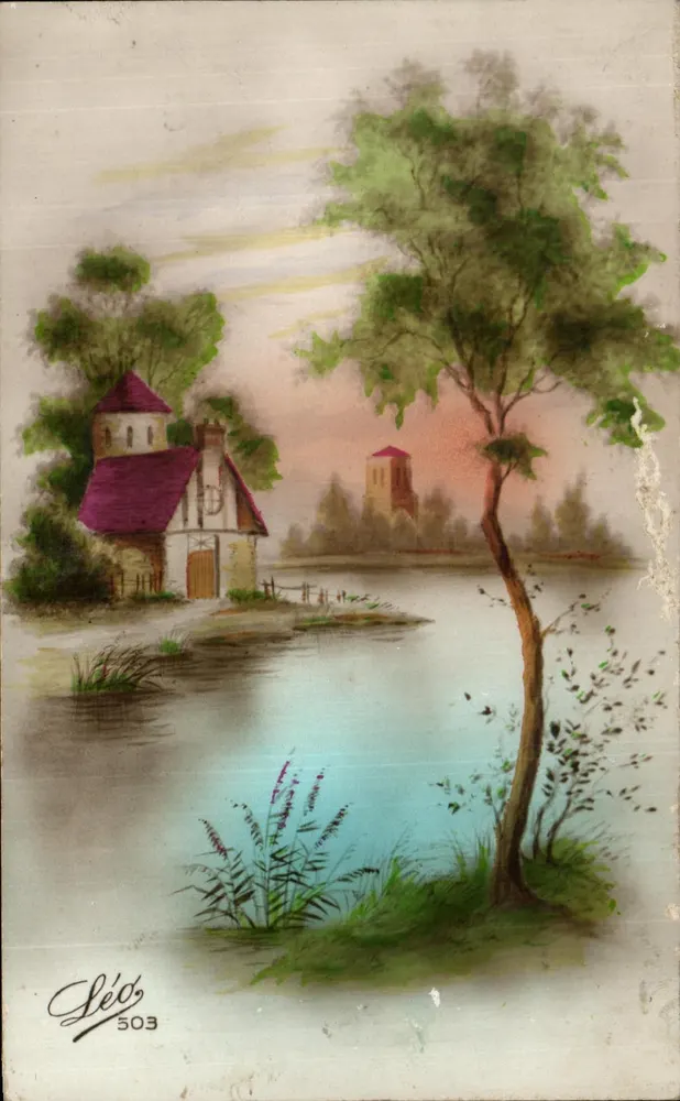 Paysage lacustre — maison au toit rouge et tour en arrière-plan — éditeur Léó, n° 503 - Frente