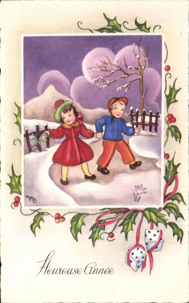 Kinder, die im Schnee spielen — Antike Ansichtskarte M.D. Édug, Serie Nr. 2915 - Vorderseite