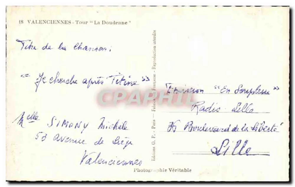 Valenciennes - Torre 'La Doudenne' — editor Edições O.P. Paris, n°18 - Verso