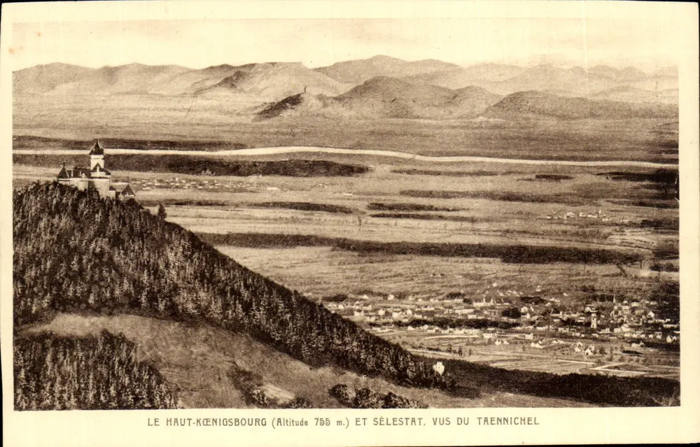 Haut-Königsbourg (Höhe 755 m.) und Sélestat, gesehen vom Traennichel - Vorderseite