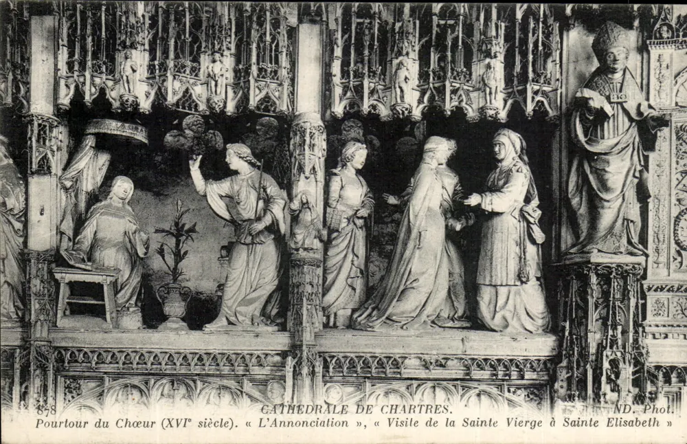 Chartreser Kathedrale — Chorquer (16. Jahrhundert). « Die Verkündigung », « Besuch der Jungfrau bei Elisabeth » — ND. Phot. - Vorderseite