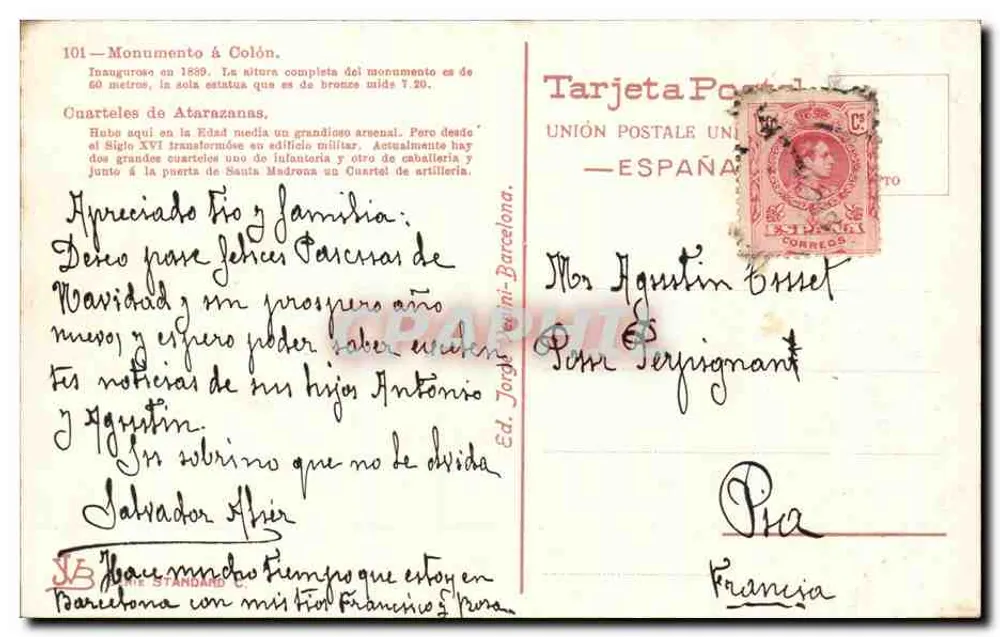 Barcelona — Monumento à Colombo e Quartel de Atarazanas — Editor Tarjeta Postal - Verso