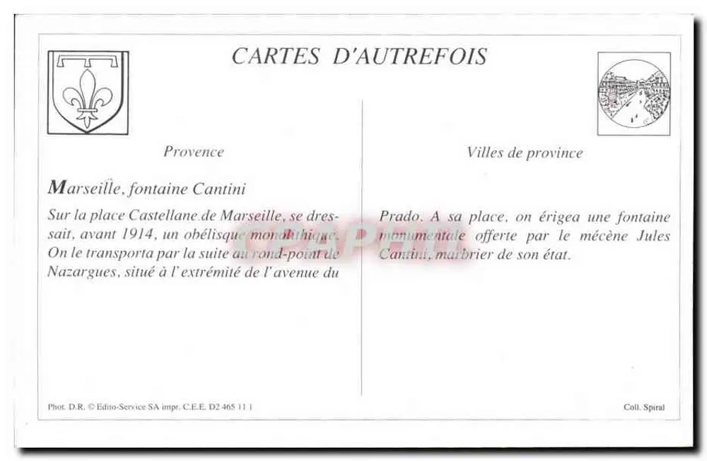 Marselha - Fonte Cantini (Praça Castellane) — série 271, editada por Cartes d'Autrefois - Verso
