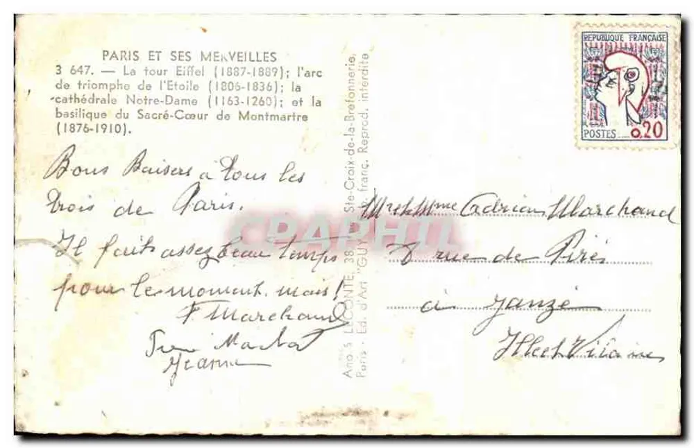 Paris et ses merveilles — vue de la Tour Eiffel, l'Arc de Triomphe, Notre-Dame et le Sacré-Cœur — éditeur GUY, n° 3 647 - Rückseite