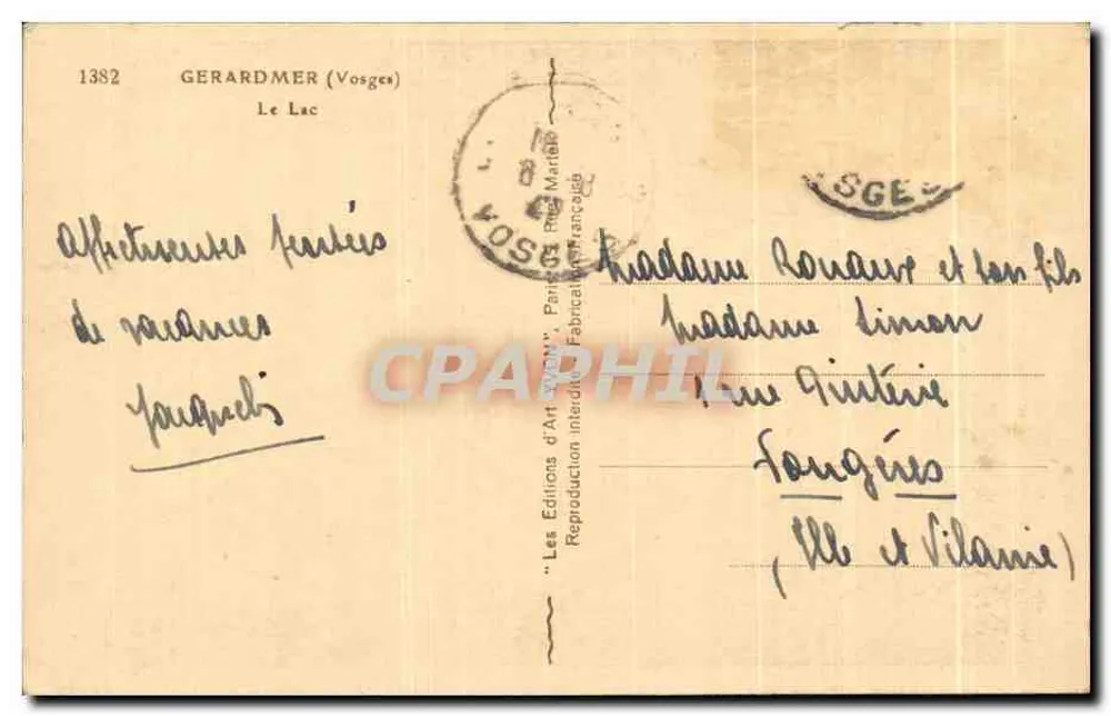 Gerardmer (Vosges) — O Lago — Les Éditions d'Art SAVON - Verso