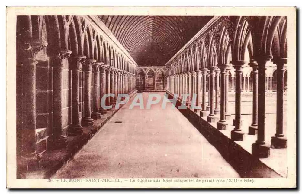 Mont Saint-Michel — Der Cloister mit schlanken rosa Granit-Säulen (13. Jahrhundert) — J. Nozals, Verlag, 18, avenue du Coteau, Nantes - Vorderseite