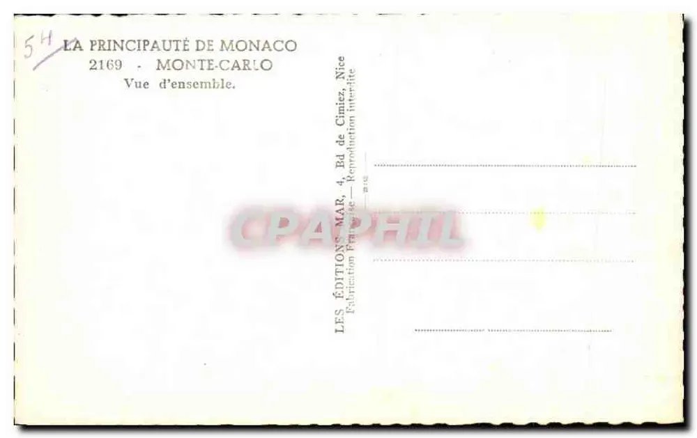 Monte-Carlo — Vista Geral — Éditions Mar, Mônaco - Verso